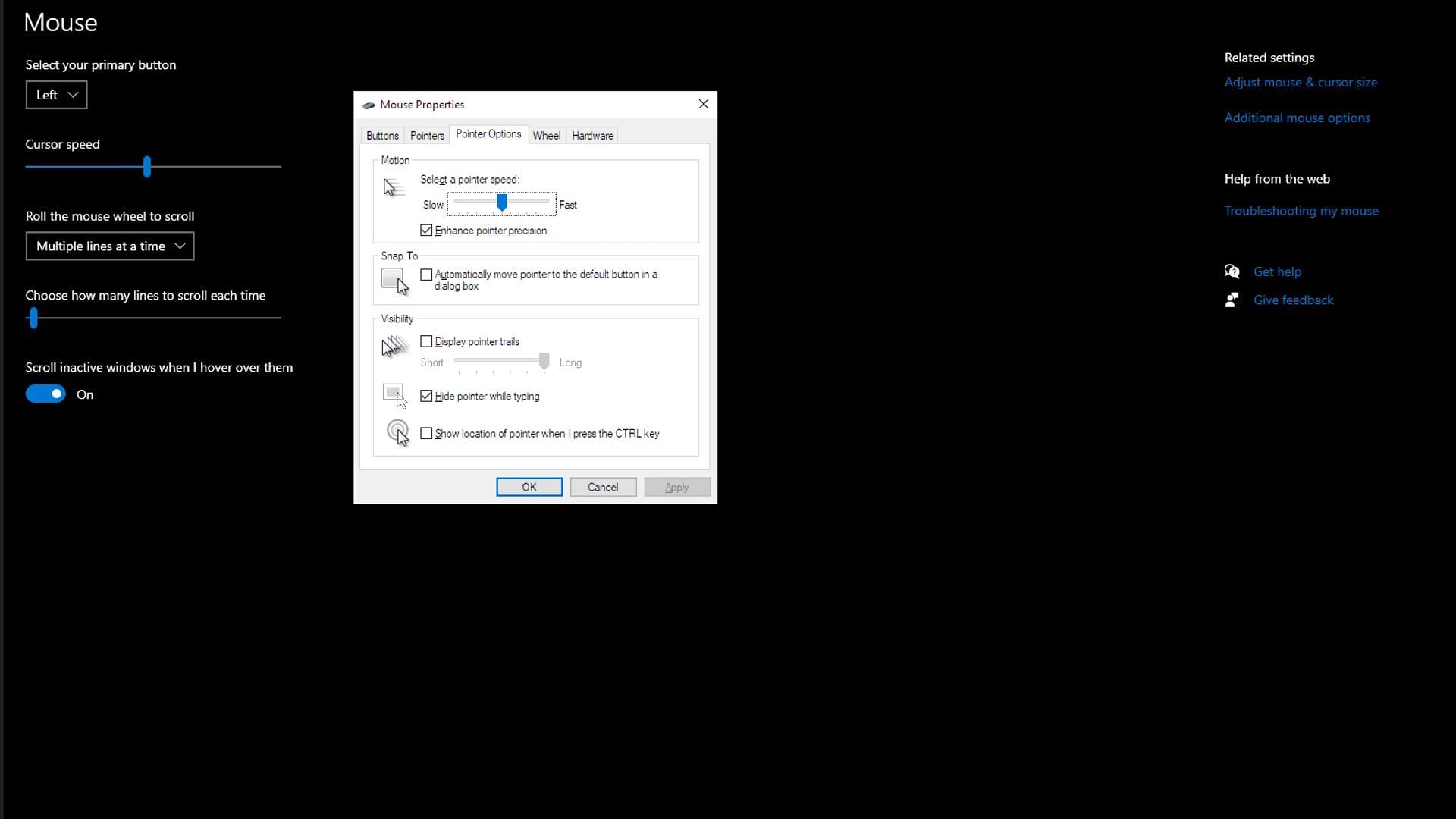 Untick 'Enhance pointer precision' found below 'Select pointer speed' option